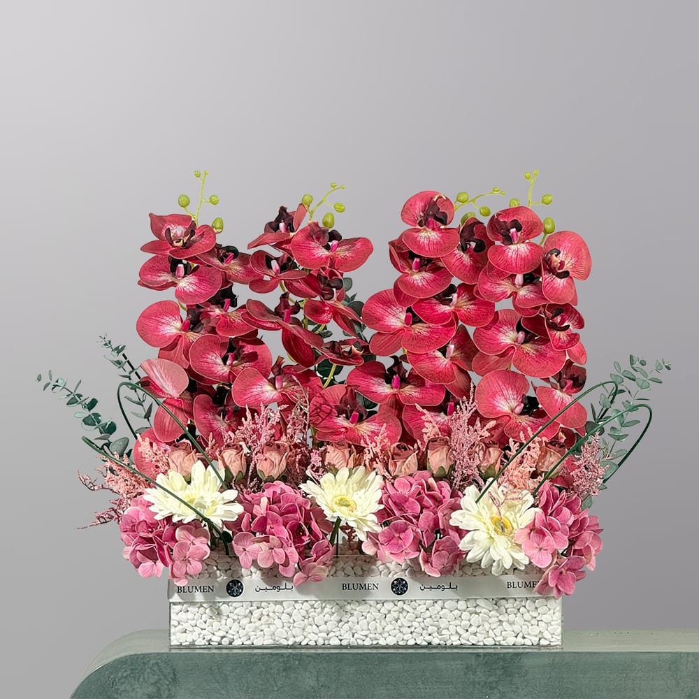 A luxurious floral arrangement featuring vibrant pink orchids, pink hydrangeas, blush roses, white daisies, and elegant greenery arranged in a rectangular glass vase with white stones.