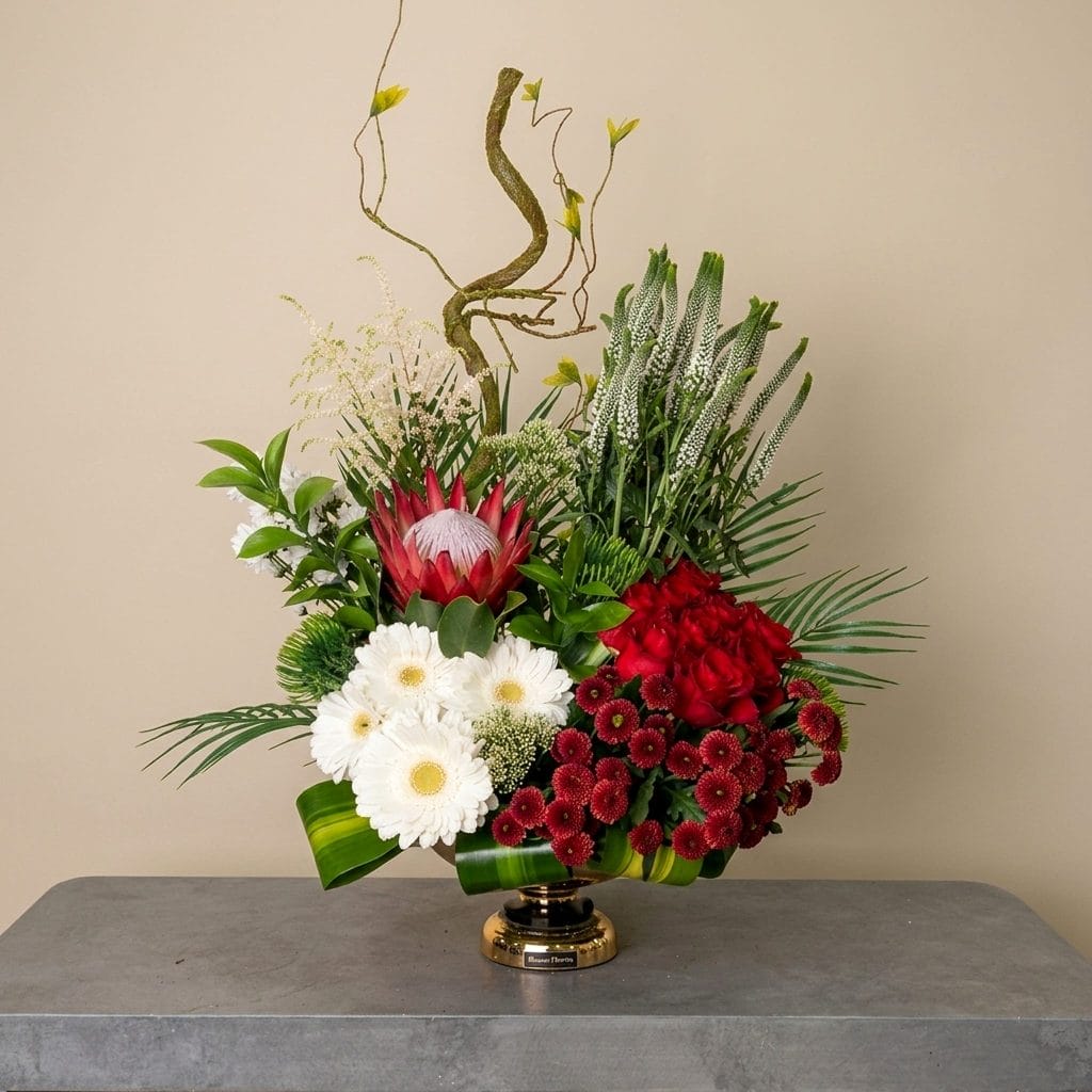 An artistic floral arrangement featuring a king protea, red roses, burgundy chrysanthemums, white gerberas, and architectural greenery displayed in a decorative pedestal bowl.