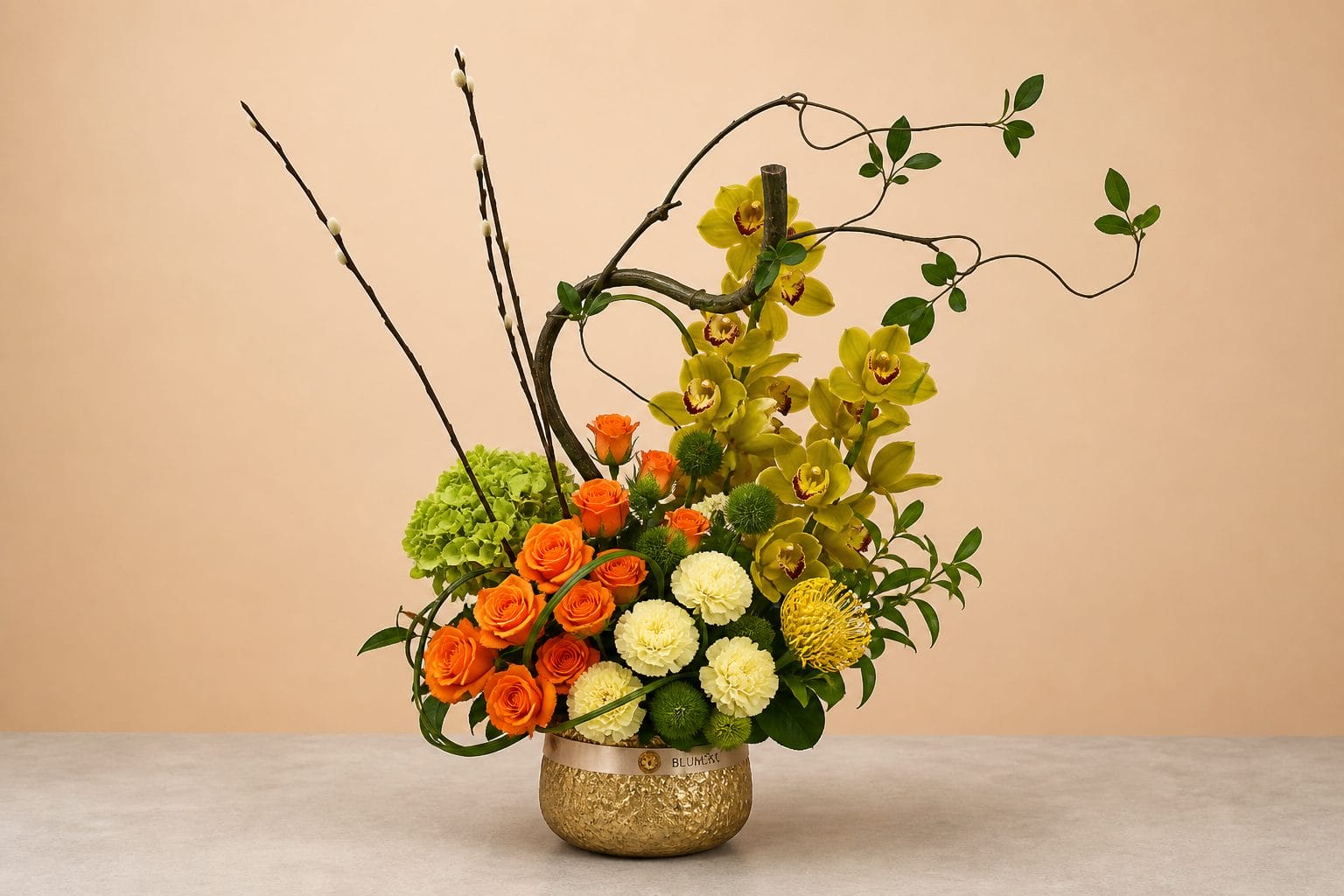 Luxury floral arrangement featuring green cymbidium orchids, orange roses, white carnations, green hydrangea, pincushion protea, decorative branches, and lush foliage in a golden vase.