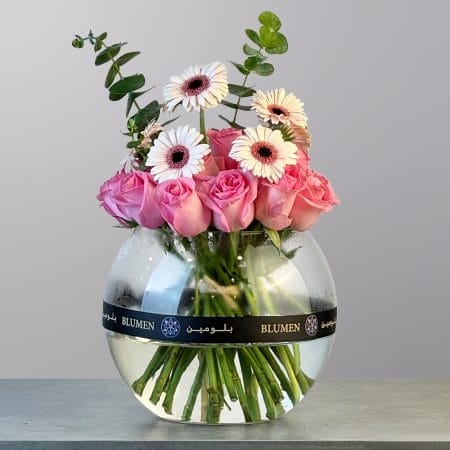 A rounded glass vase filled with soft pink roses and white and peach gerbera daisies, accented with fresh eucalyptus greenery.