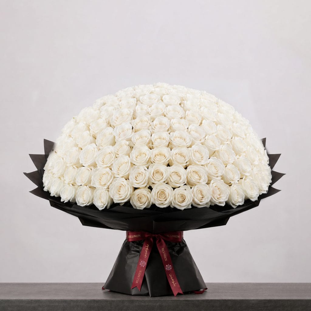A large bouquet of elegant white roses arranged in a full, rounded shape, wrapped in sophisticated black paper and finished with a refined ribbon.