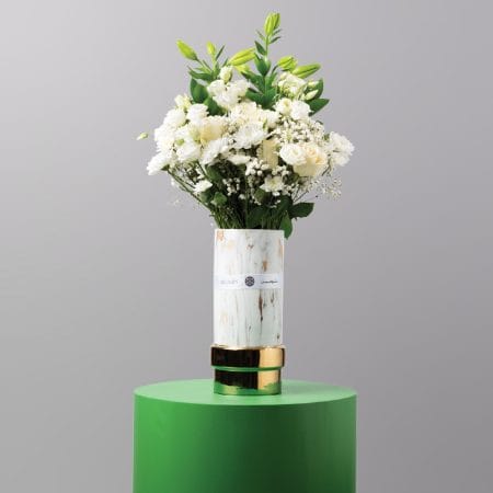 Marble vase with white lily and rose flowers for Saudi National Day 96